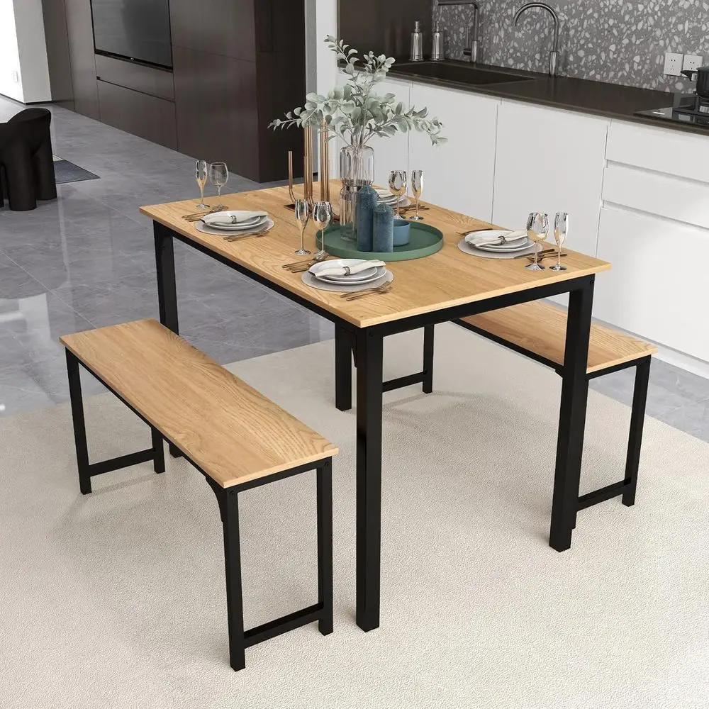 Natural Solid Wood Counter Height Dining Table Set with 2 Benches