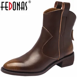 FEDONAS Vintage Women Genuine Leather Ankle Boots 2024 Autumn Winter Thick Heels Back Zipper Office Lady Short Boots Retro Style