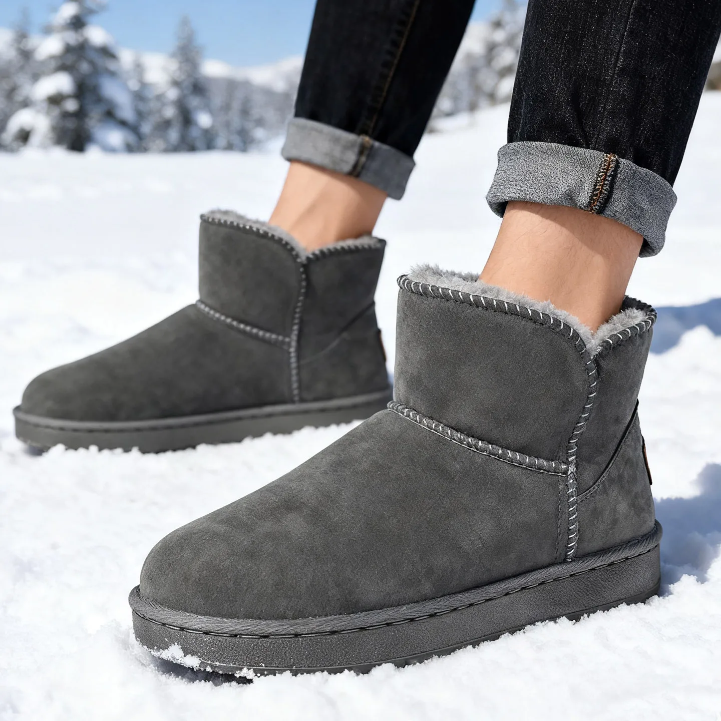 New Men's Warm Snow Boots Winter Fleece Lined Thick Fur Integrated Cotton Boots Anti Slip Thick Warm Cotton Shoes