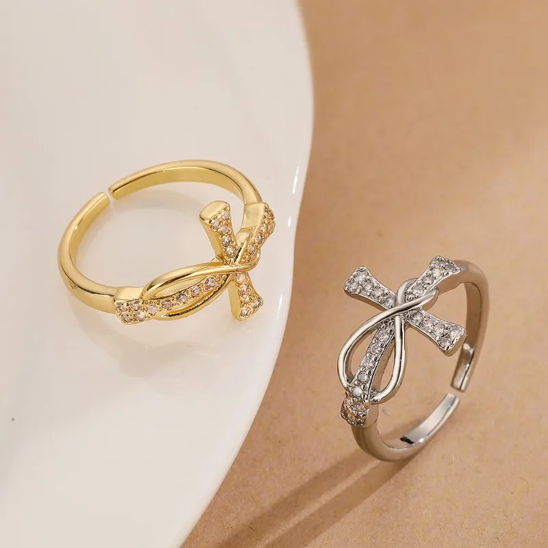 

Minimally designed zircon cross opening ring for women with a niche personality and versatile 8-shaped finger
