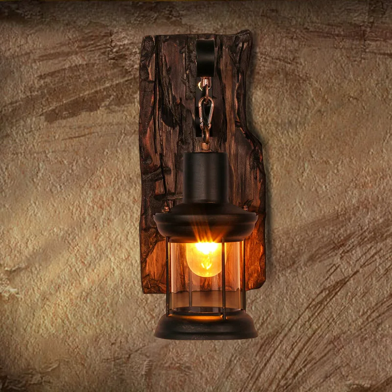 Outdoor Wall Lamp Antique Loft Wood Glass Restaurant Cafe Bar Sconces Vintage Industrial Retro Wall Sconce for Bedroom