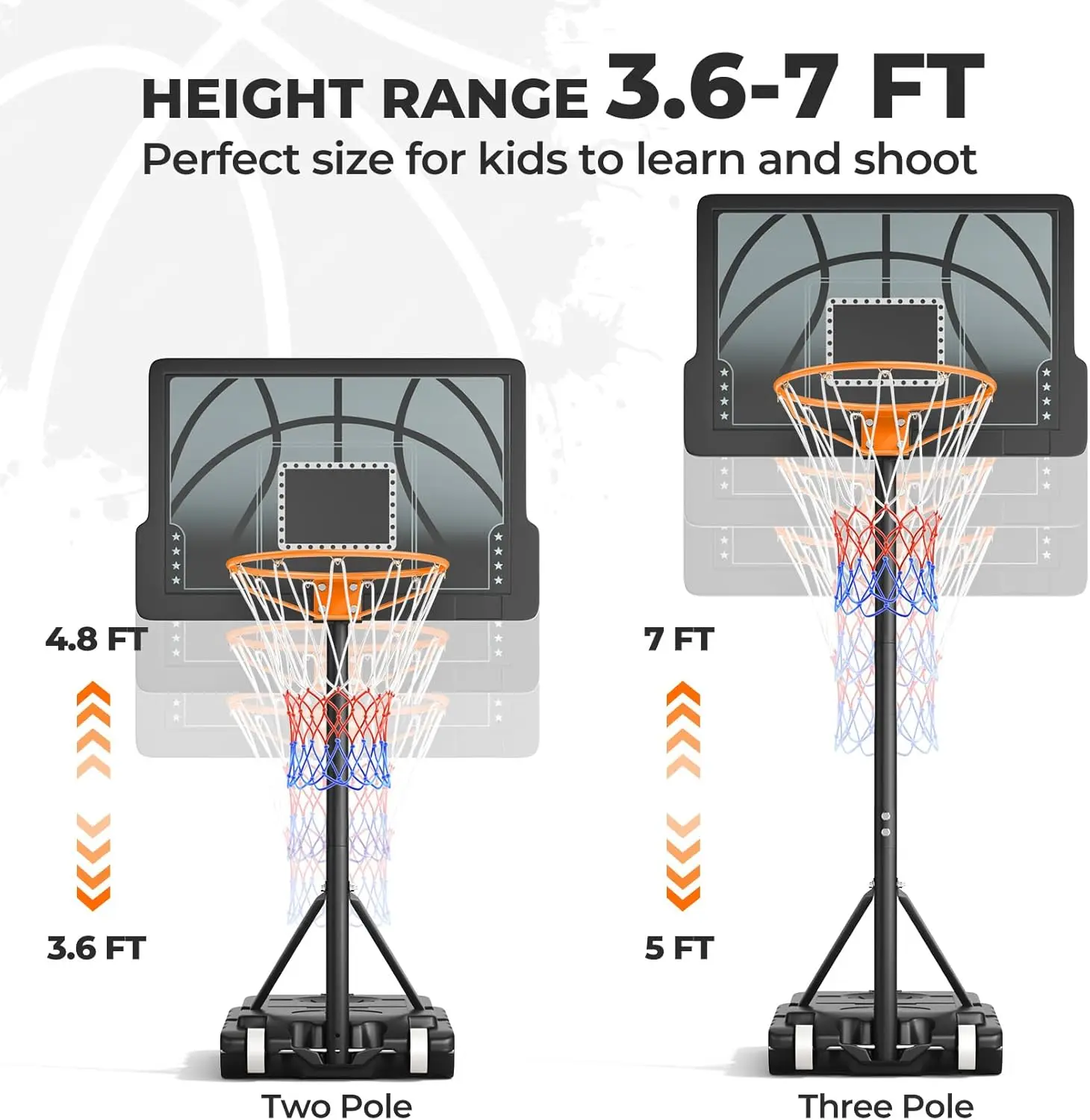 Kids Basketball Hoop, 3.6-7 FT Height Easy Adjustable, Portable Basketball Hoop Outdoor Indoor for Kids/Teens/Youth, 30