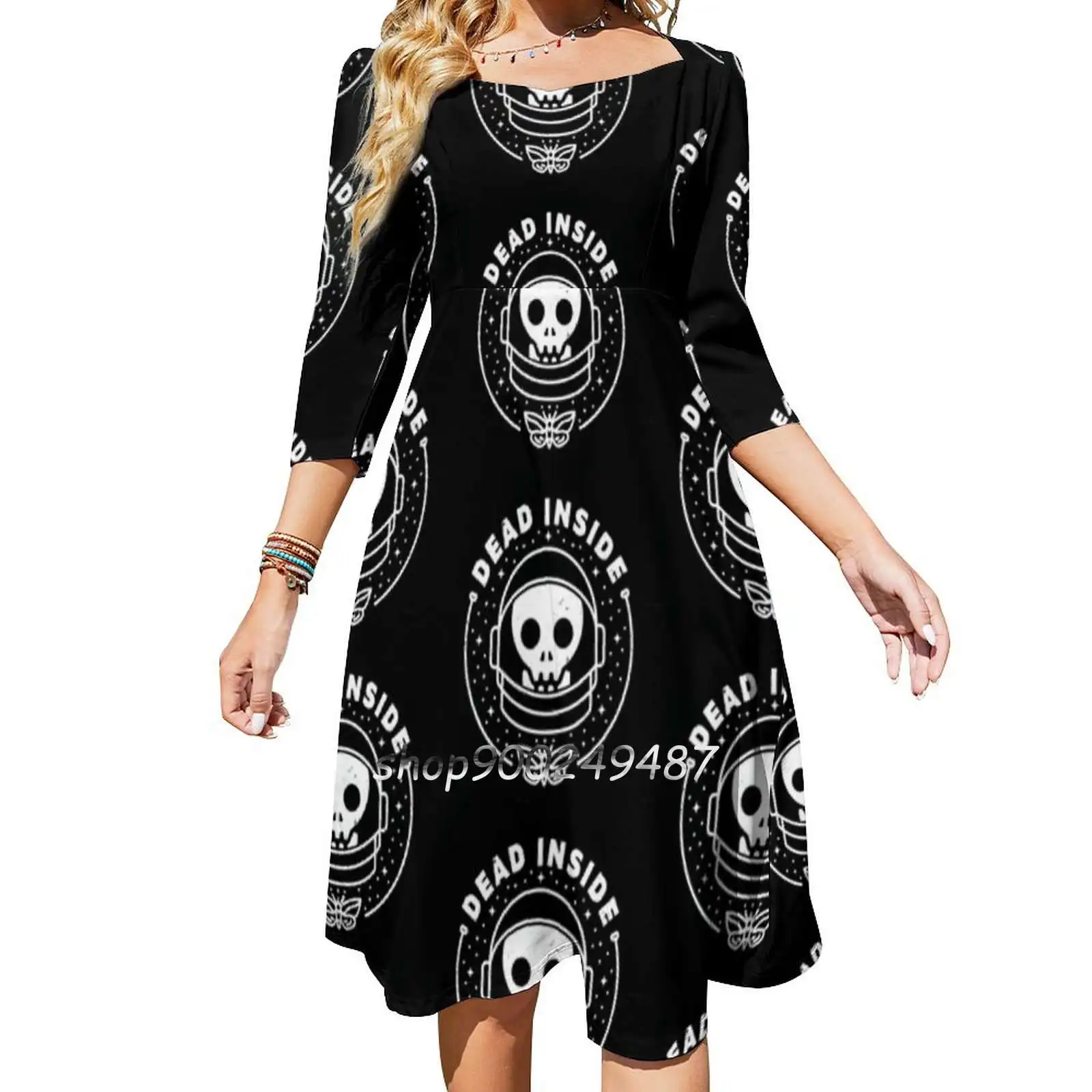 Dead Inside Square Neck Dress New Plus Size Elegant Women Waist Tight Dress Death Dead Inside Black Pun Astronaut Space Skull