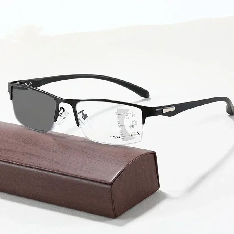 Progressive Multifokale Photochrome Lesebrille Anti-blau Licht Weit Anblick Gläser Männer Halb Rahmen Business Presbyopie Brille – Detail 4