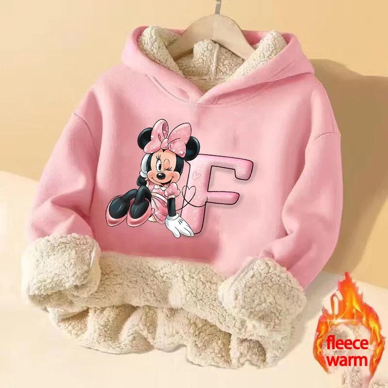 Minnie Mouse Girl Pullover Hoodies Letter A-Z Winter Thick Warm Street Clothing Hoodie Print Fitted Sweatshirt Long Sleeves Tops