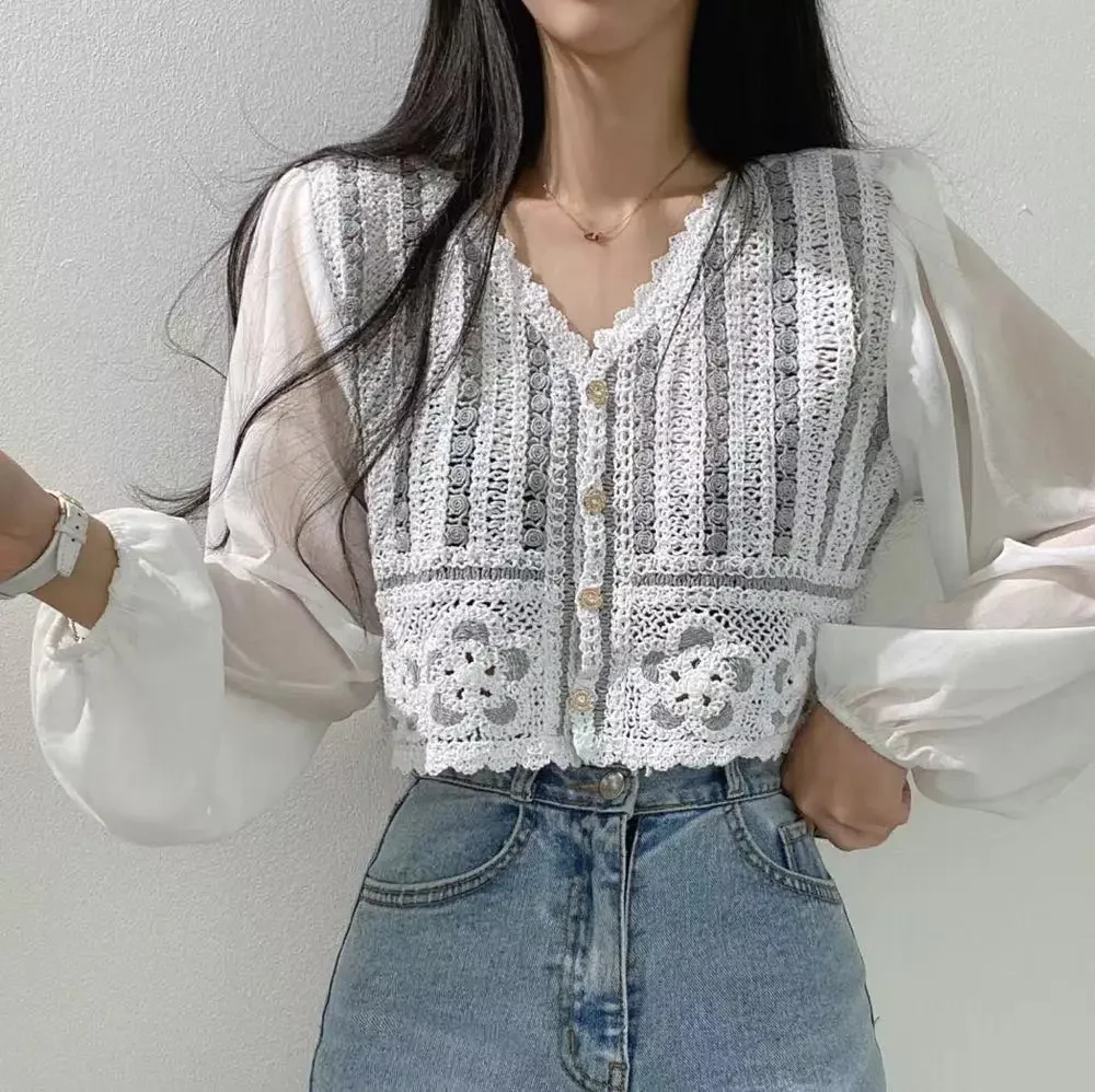 Button Up Chiffon Patchwork Lace Ladies Tops Summer Autumn Fashion Casual Hollowed Out Japan Style Women Blouses Cheap Wholesale