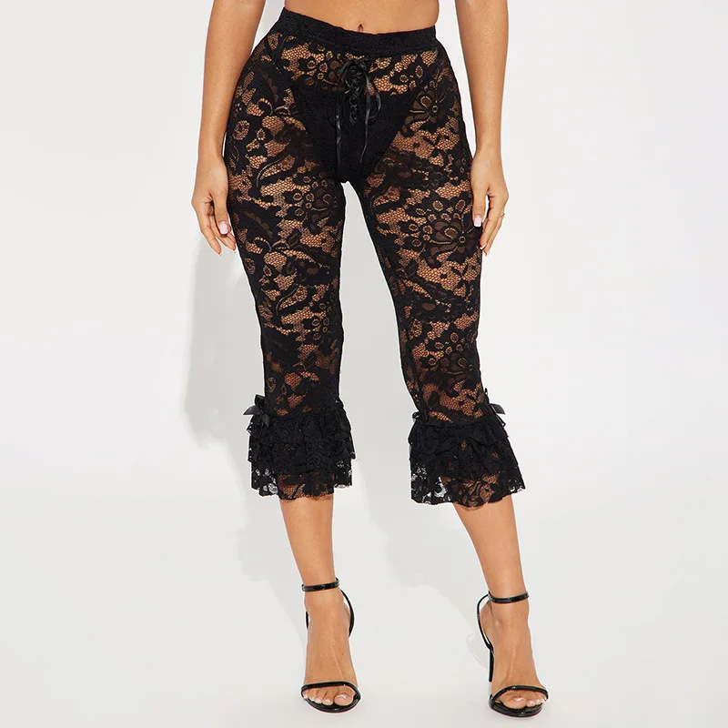 

BKLD 2025 Summer New Y2k Clothes Women Sexy Night Club Outfits Solid Color Lace Ruffles Patchwork Casual Knee-Length Pants