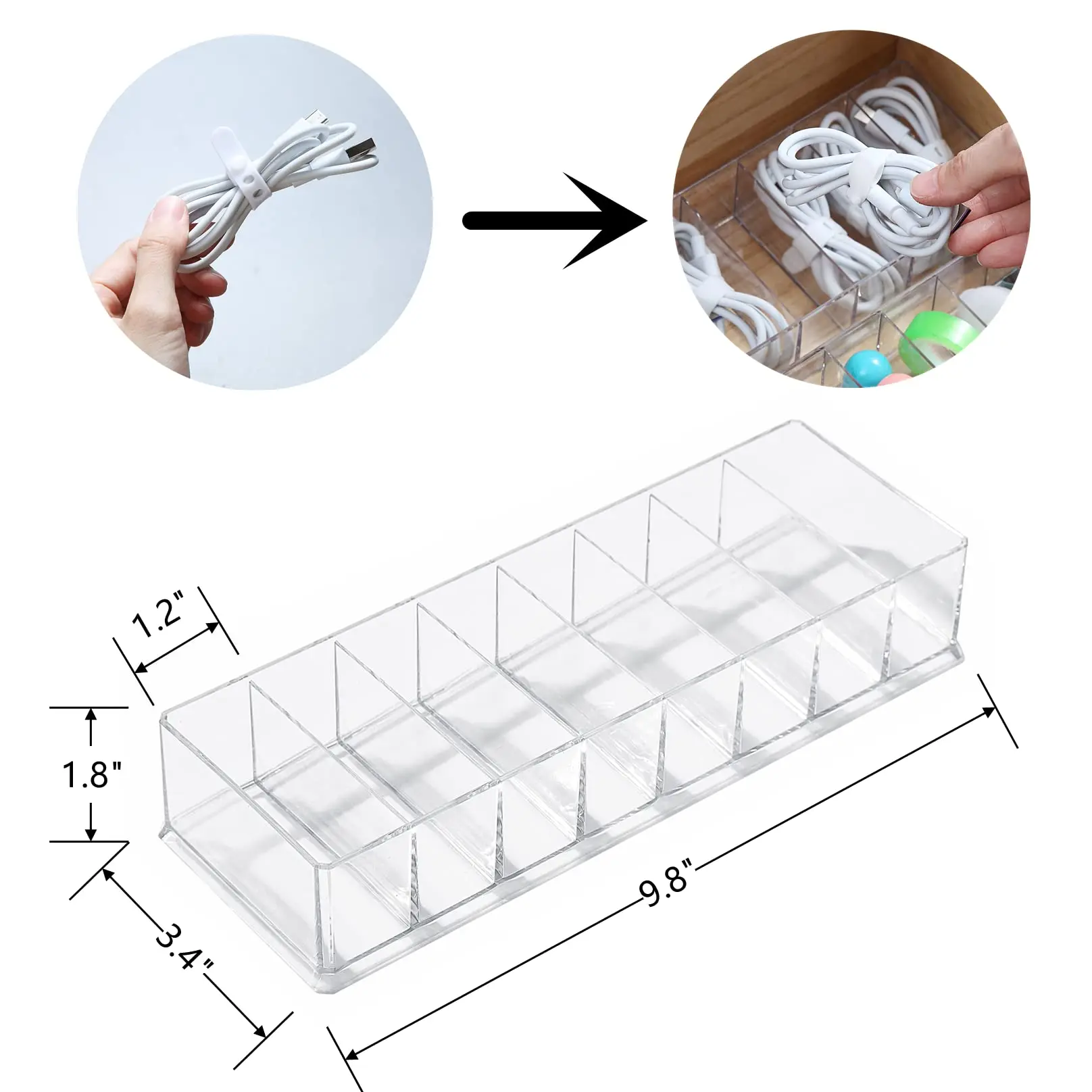 Clear Electronics Organizer Boxes 8 Capacity Acrylic Charger Organizer Cord Organizer Case Cable Storage Box for Home Office