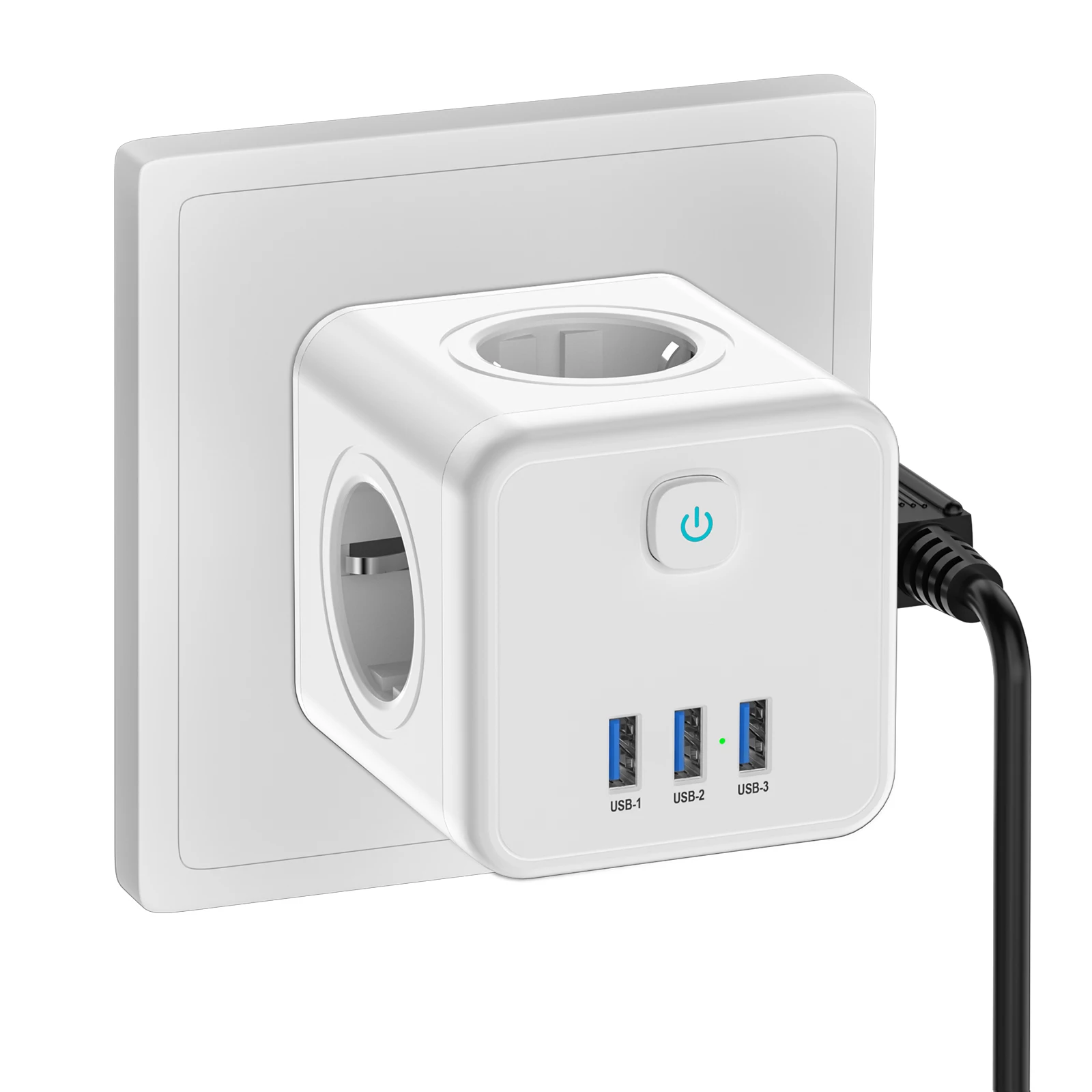 4000W Eurocube Socket with Switched Outlet Adapter, 3 USB Chargers, 3 AC Outlets, White,black, for Home Walls