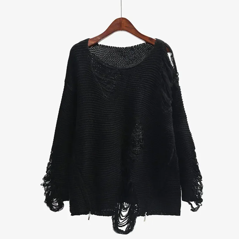 Women Long Sleeve Loose Casual Hollow Out Knit Pullover Jumper 2024 New Fall Fashion Side Zipper Ripped Black Sweater Holes Top