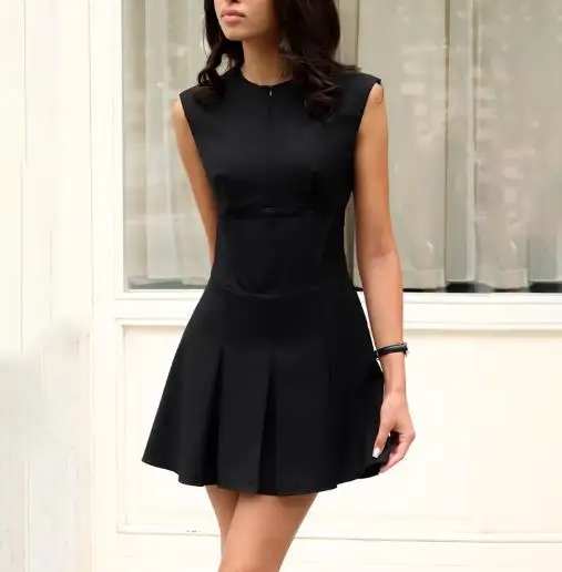 

Summer Solid Color Sleeveless Short Skirt for Women, Elegant Slim Fit Waist with Zipper, Solid Color A-Line Sleeveless Dress
