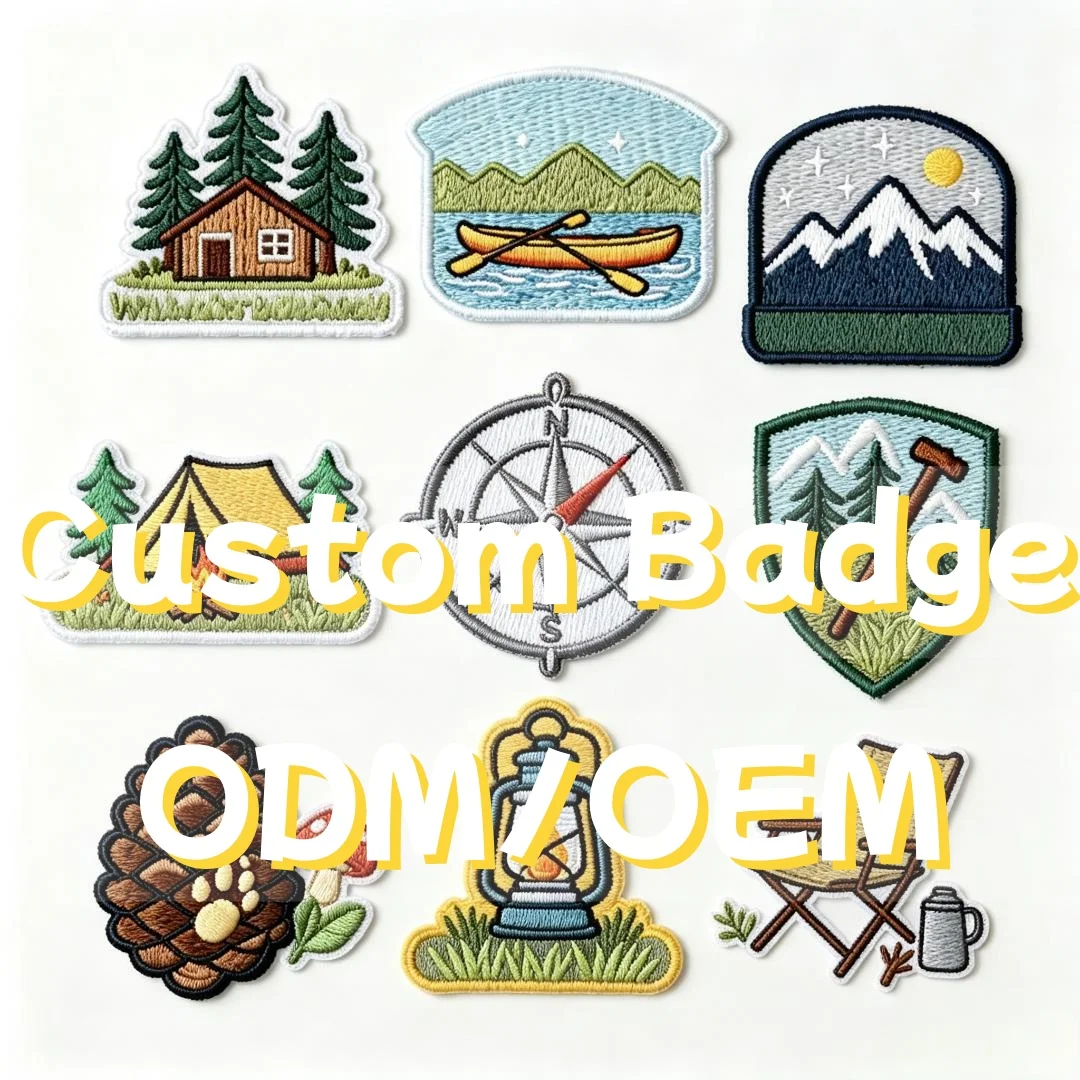 Broches personnalisées, épingles de revers sur mesure, conception de broches de revers, patch brodé pour le camping en plein air et la montagne, badge décoratif pour vêtements sur le thème de la nature