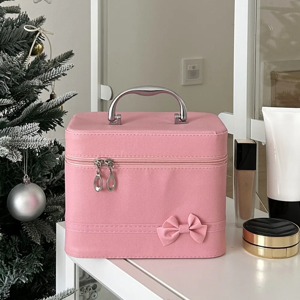 Pink Bow PU Leather Makeup Bag Portable Alloy Handle Skincare Product Storage Box Large Capacity Waterproof Handheld Makeup Case
