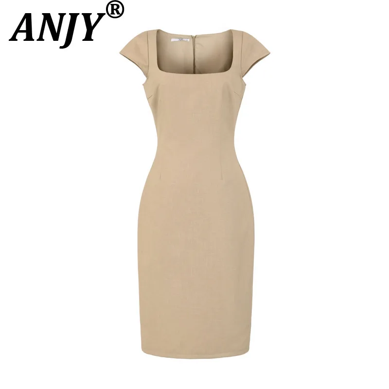 

Летнее новое элегантное женское платье ANJY с квадратным вырезом, облегающее, однотонное, с плиссировкой на бедрах, модель A19918