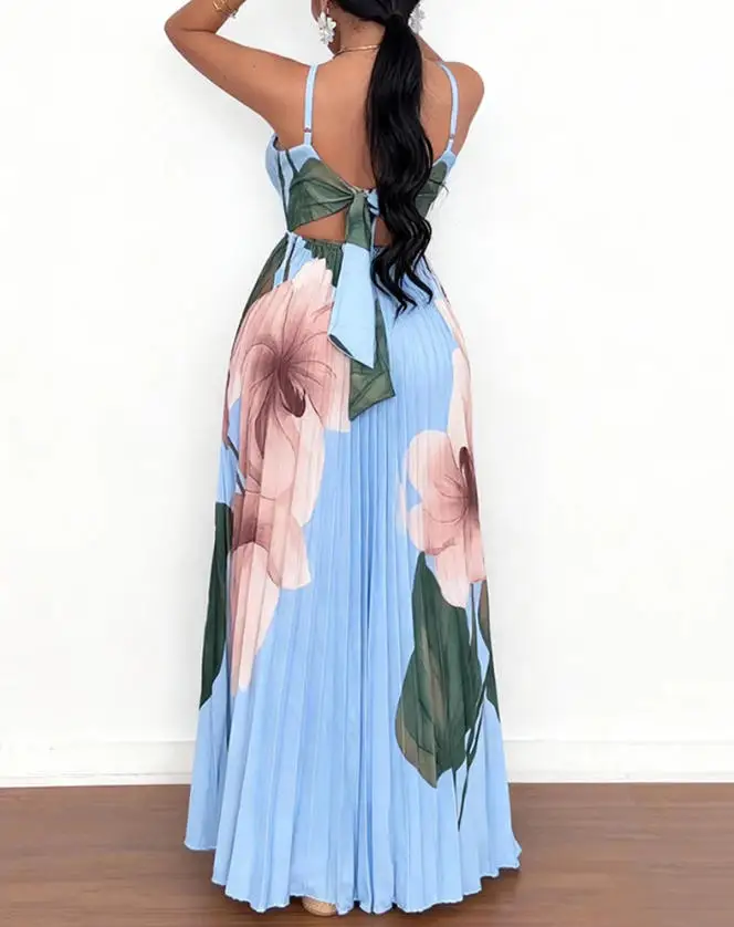 Women Dress 2026 Spring Summer New Floral Pattern Printed Heart-Shaped Collar with Adjustable Thin Shoulder Strap Backless Dress