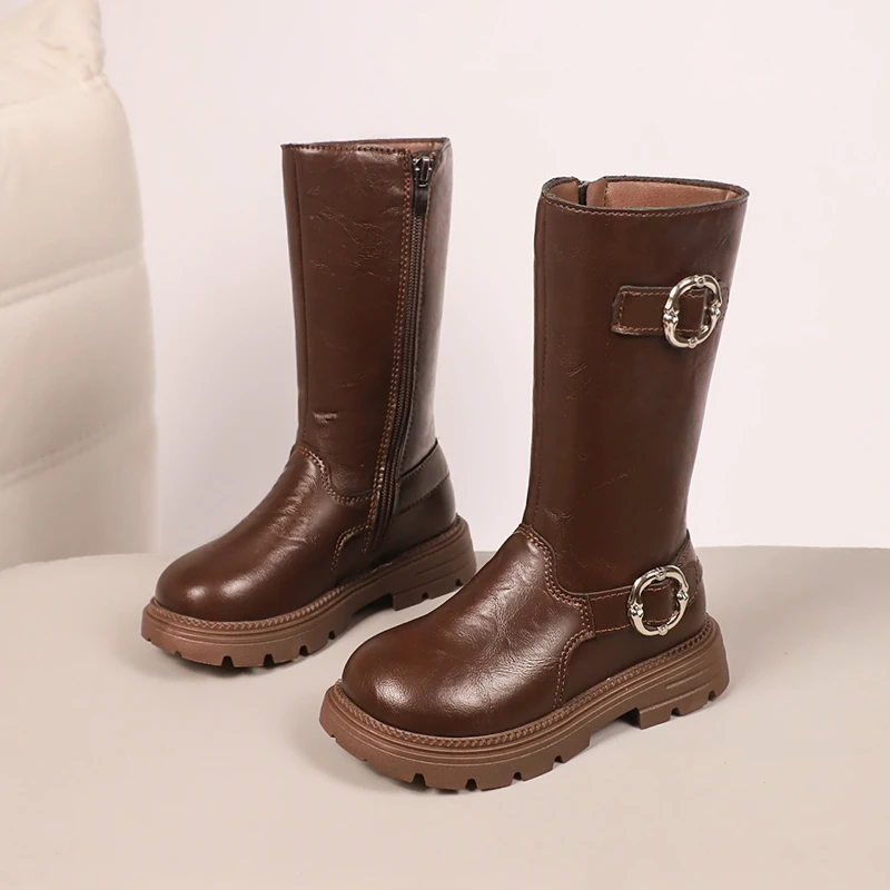 

Kids Leather Boots Soild Color Versatile Girls High Boots Side Zipper 2025 Autumn Winter Children Mid-calf Boots Korean Style