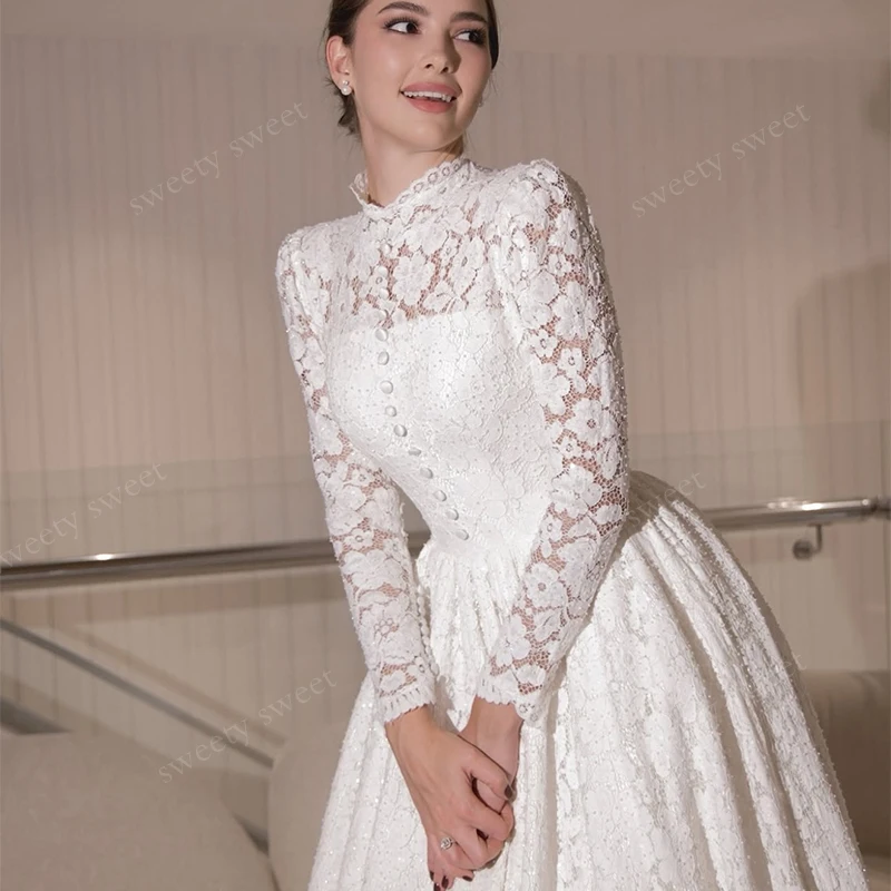 Robe de mariée Vintage à col haut, en Organza avec dentelle brodée, ligne a, longueur au sol, robe de bal, manches longues, personnalisée
