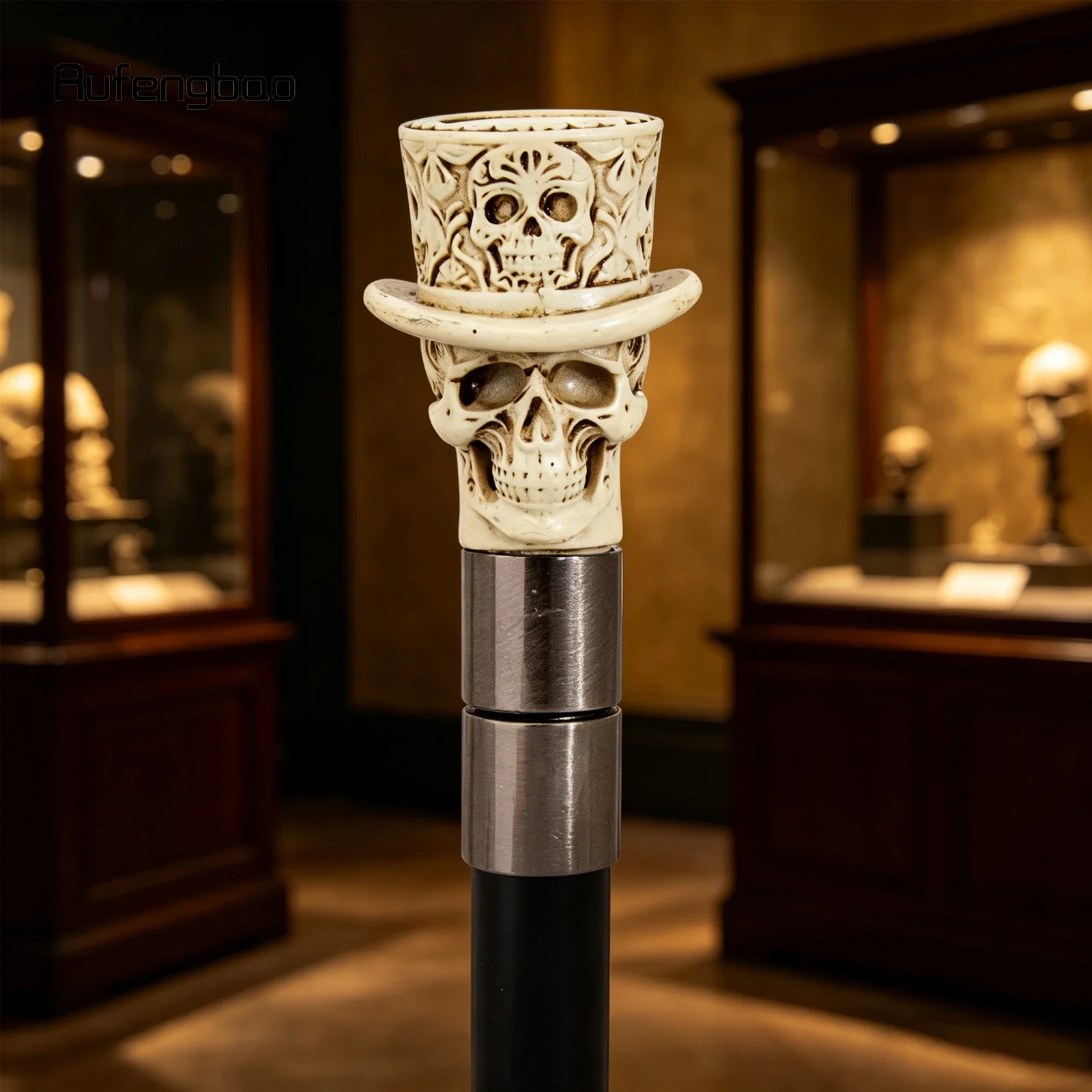 White Hat Skull Head Long Handle Walking Cane Fashion Cane Decorative Cane Halloween for Cosplay Parties Walking Stick 93cm