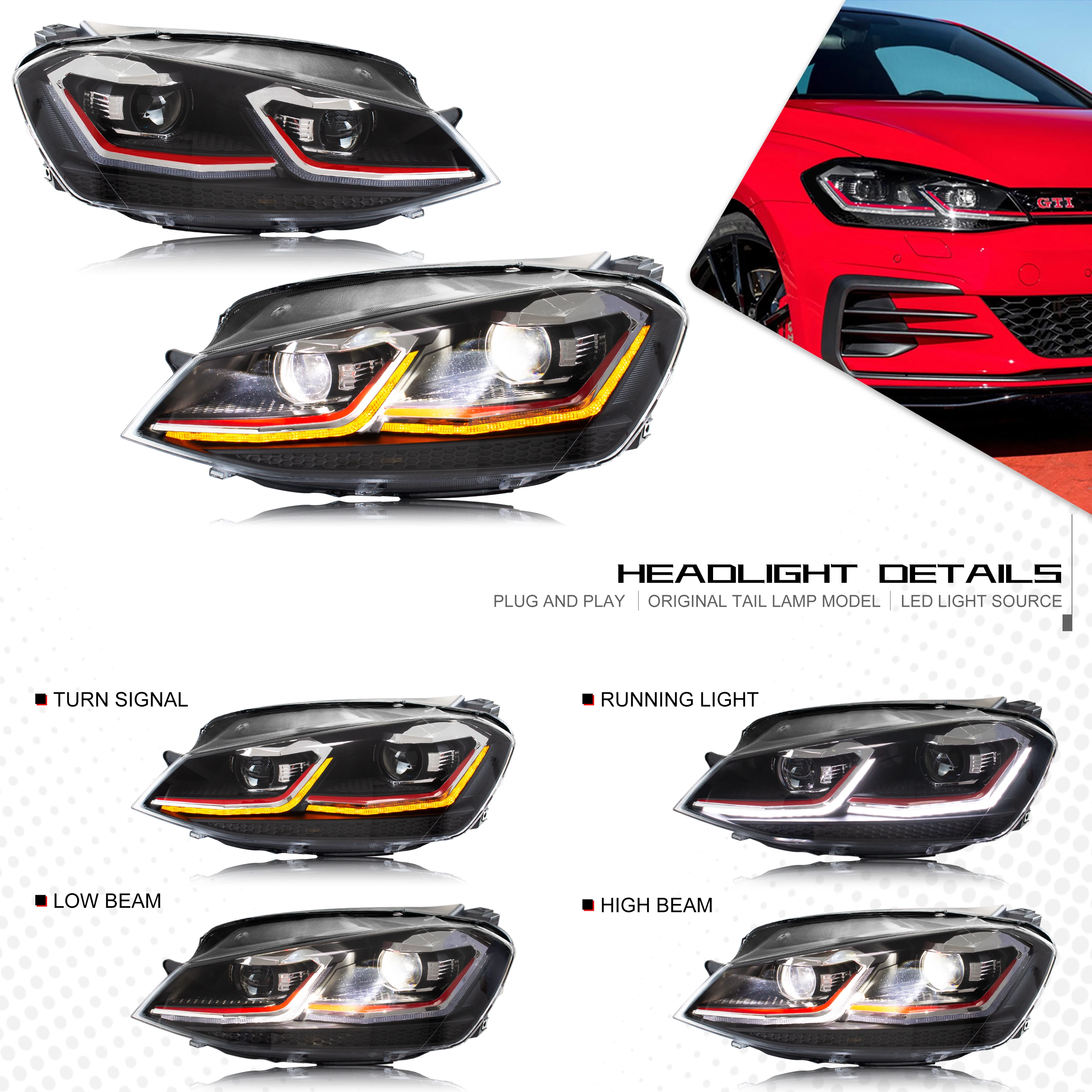 المصابيح الأمامية LED لسيارة Volkswagen VW Golf VII Golf MK7 TSI TDI 2012-2017 مجموعة المصابيح الأمامية الديناميكية [غير مناسبة GTI/R/GTD/MK7.5]