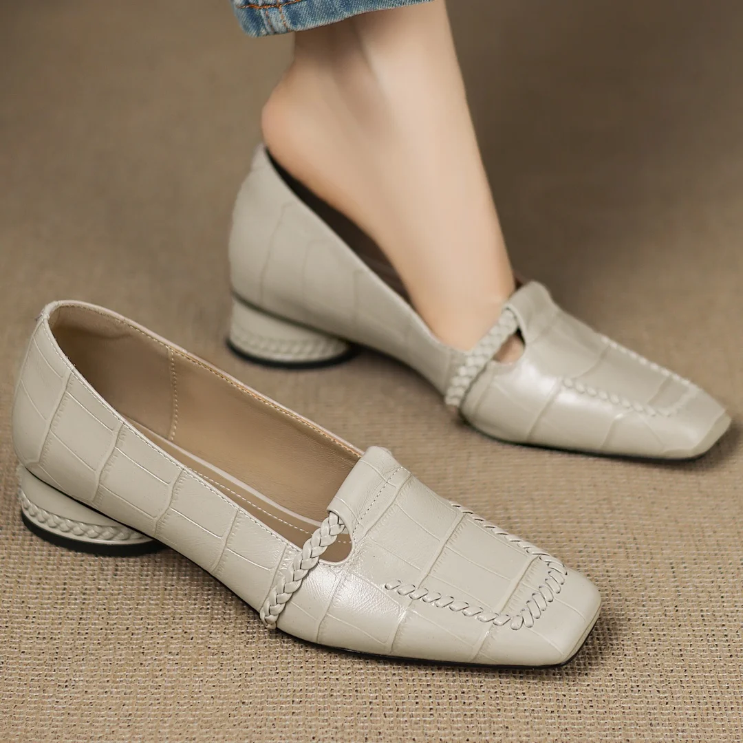 

Женские туфли-лодочки без шнуровки из овчины с каменным узором, высококачественная мягкая удобная элегантная женская обувь на низком каблуке 3 см с квадратным носком