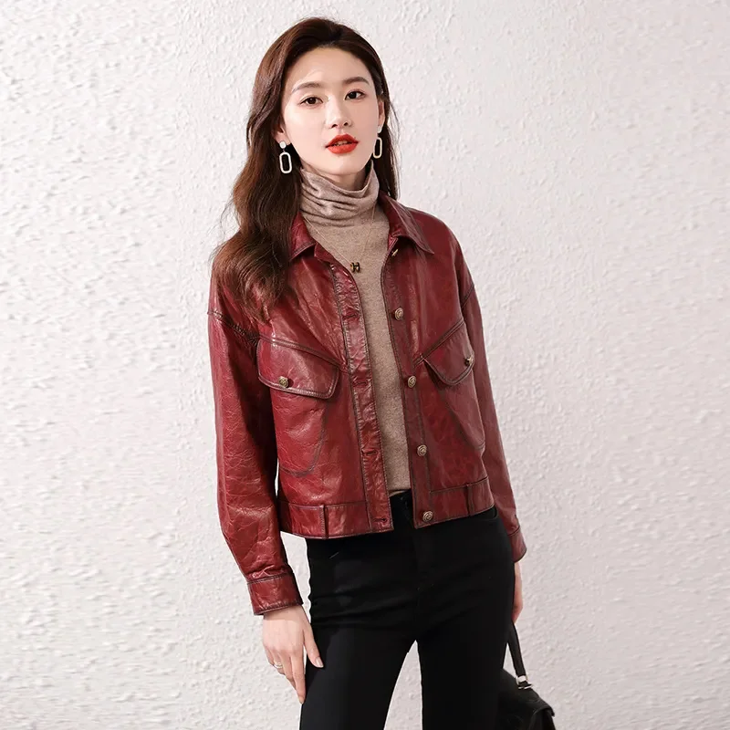 Spring Autumn New PU Leather Short Jacket Windbreaker Women Fashion Vintage Wine Red Leather Coat Loose Jackets Female Outwear