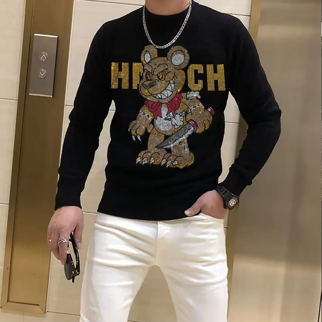 Men\'s Sweater Hip-hop Stylish Rhinestone Trendy Tops Designer Skull Streetwear Male Pullover Comfortable High-quality Clothing