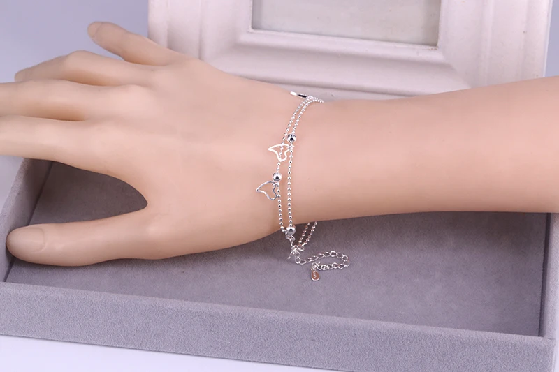 925 Sterling Silber Doppel-Liebesherz Hohle Runde Perlen Armband Damen Mode Romantischer Schmuck Klassisch Verstellbar – Detail 15