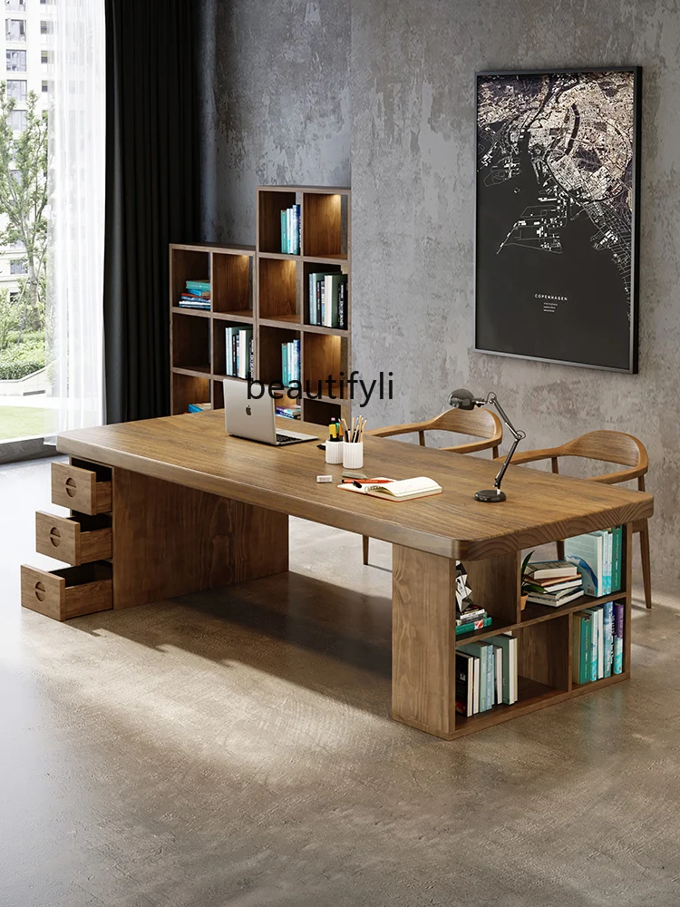 Nordic Living Room Solid Wood Large Desk Bookcase Integrated Study Table with Drawer Home Long Table Desk Writing Desk