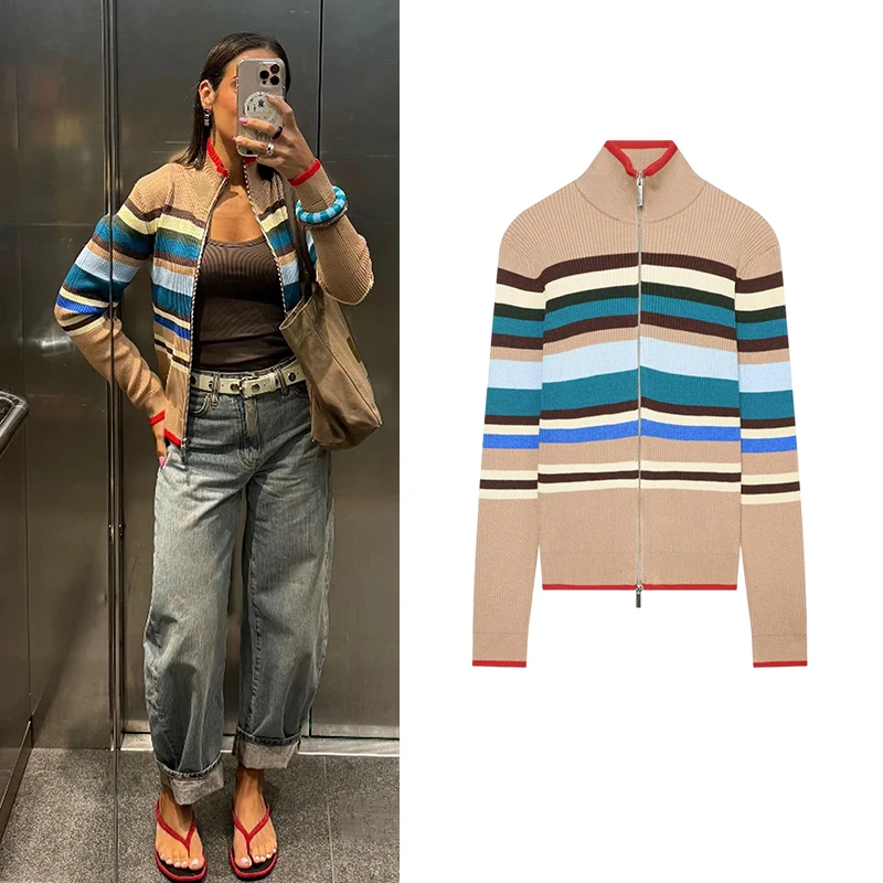 Women Striped Zip Up Cardigan Mock Neck Ribbed Knitwear Vintage Colorblock Sweater Slim Fit Long Sleeve Autumn Jacket Top