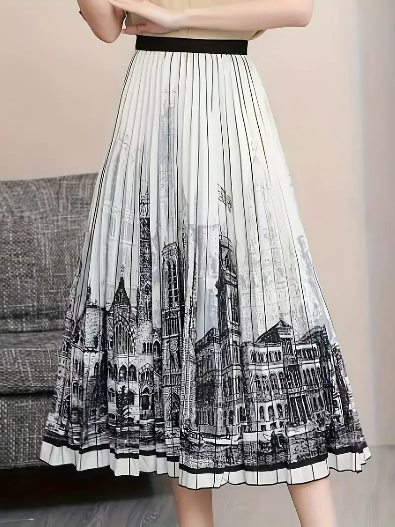 

Vintage Buildings Print Elastic Waist Skirt - Casual Pleated Skirt for Spring & Summer Women's Fashion