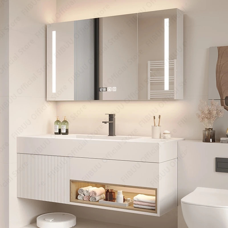 Modern Multifunctional Bathroom Vanity Mirror Cabinet Integrated Floating Cabinet With Artistic Ceramic Sink Bathroom Furniture