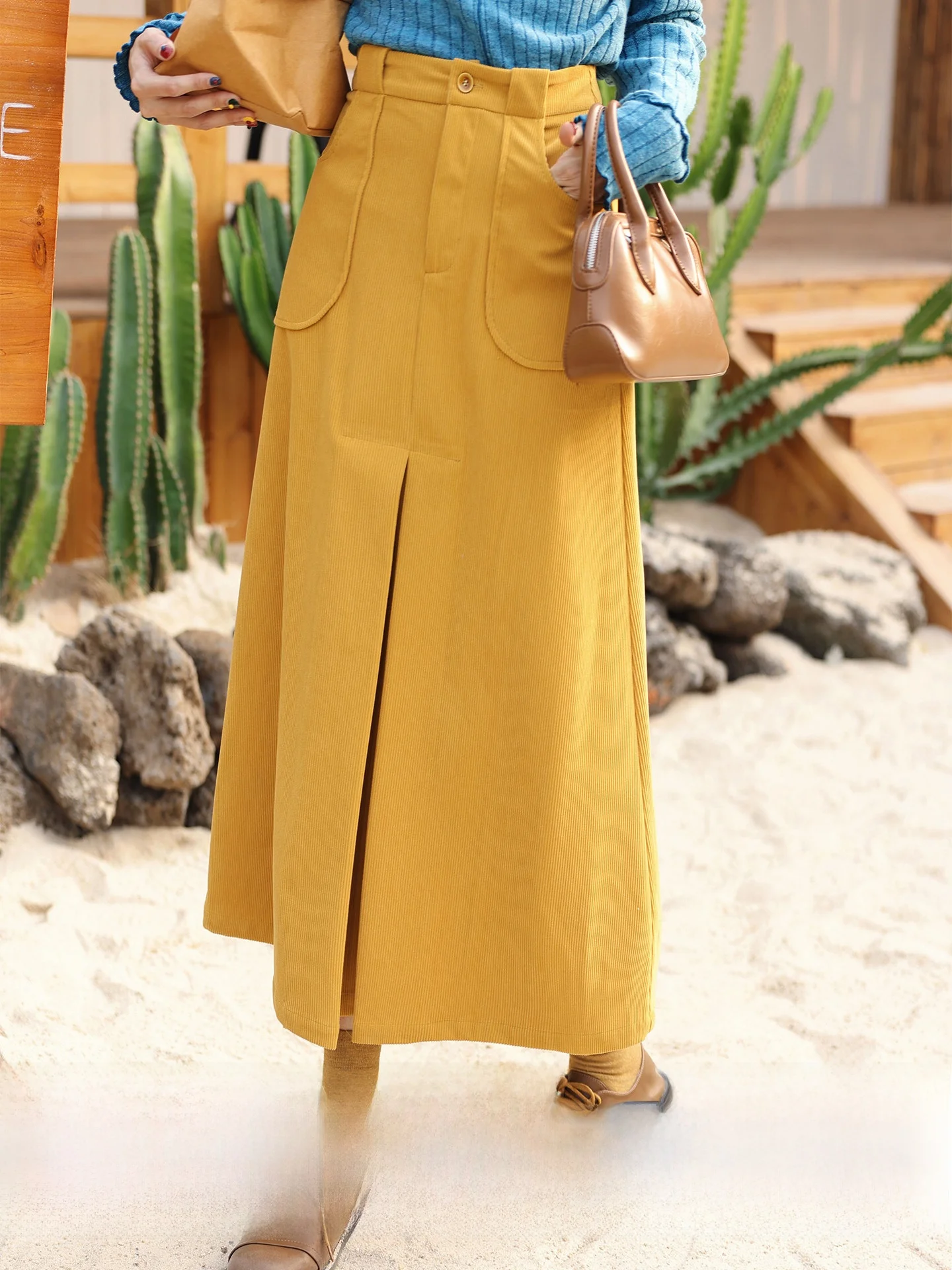 

Chend High Waist A-Line Skirt Women's Hong Kong Style Retro Versatile Spring New Arrival Polyester Fiber Button Detail