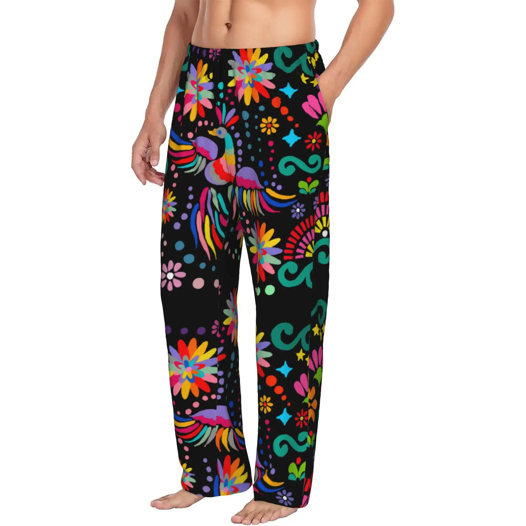 Custom Mexican Floral Flower Textile Pajama Pants Men Colorful Embroidery Sleepwear Lounge Sleep Bottoms Stretch with Pockets