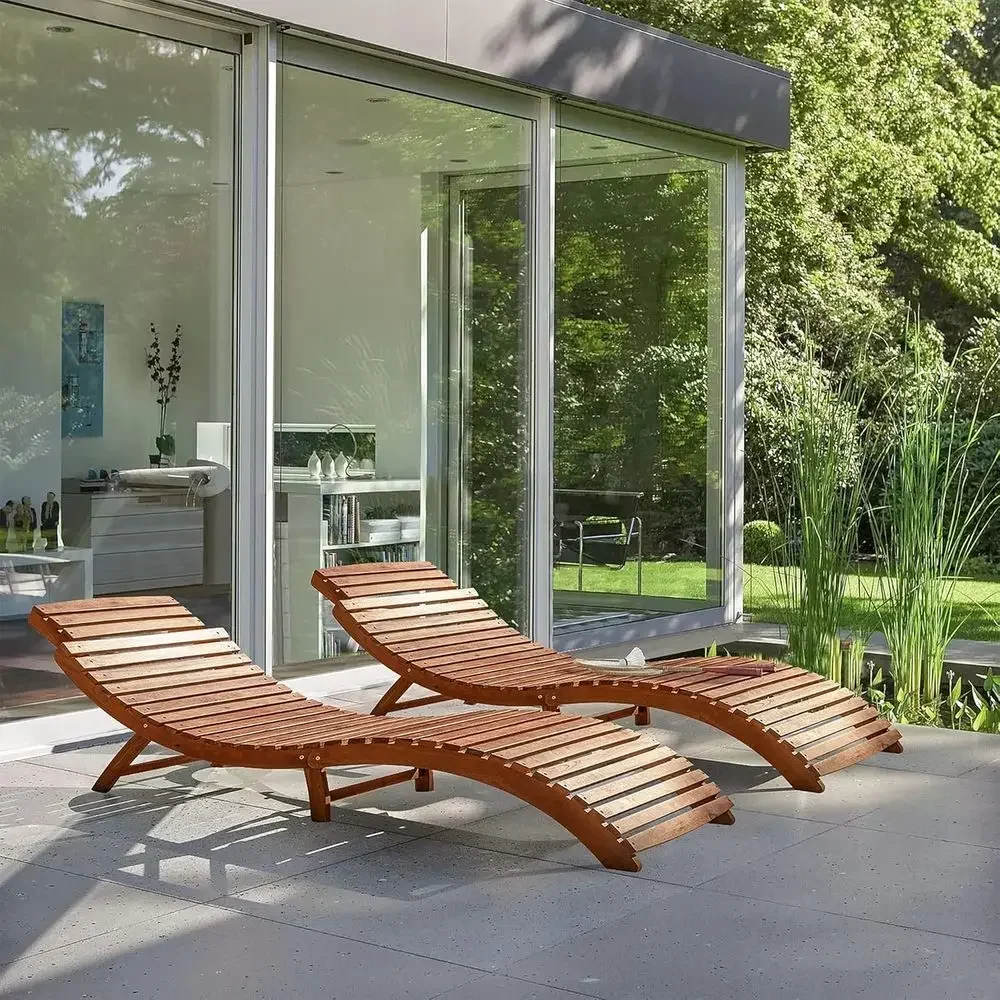 

2-Piece Outdoor Acacia Wood Chaise Lounge Set with Side Handle for Sunbathing and Relaxation