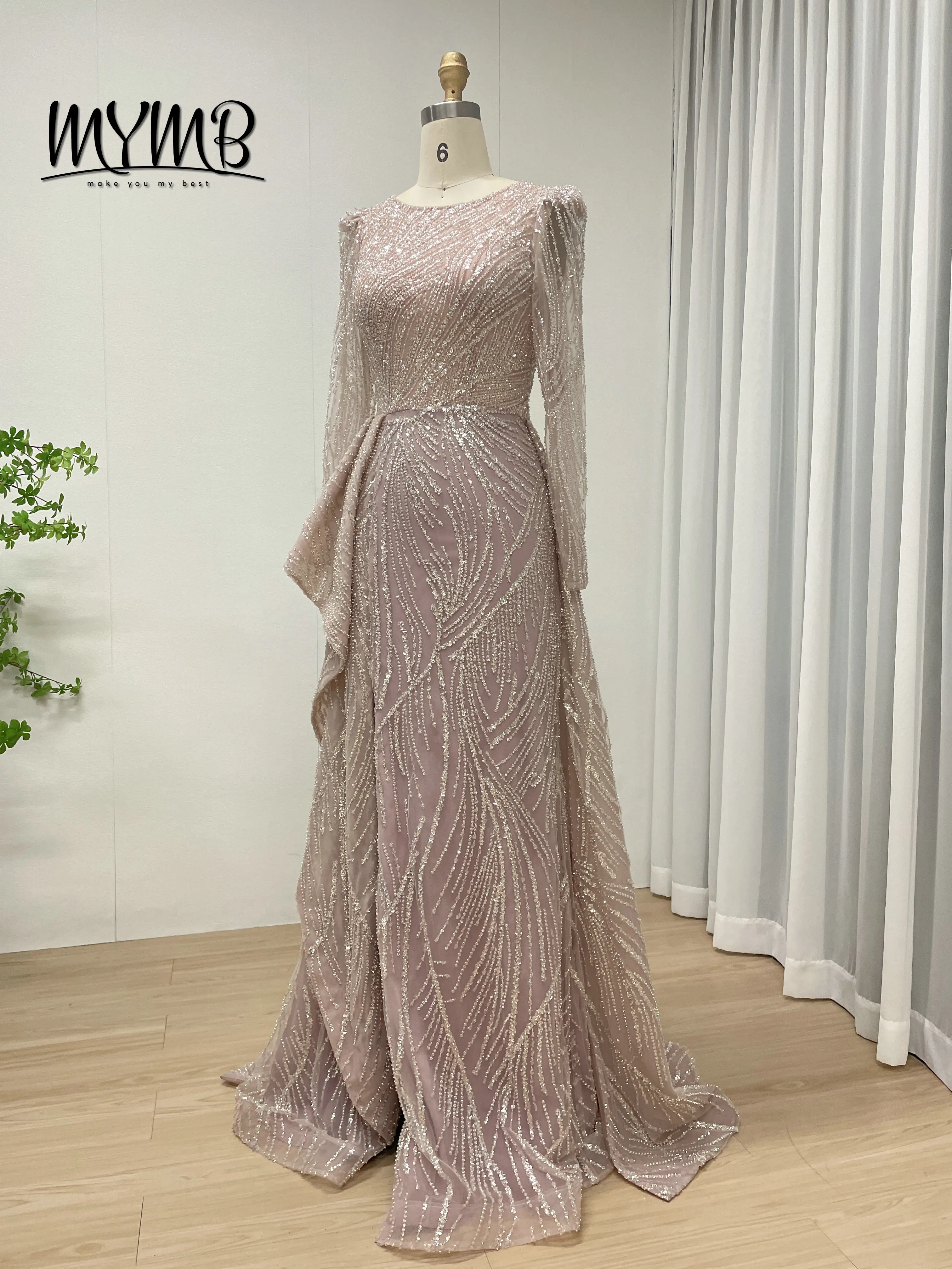 MYMB Glamorous Newest Design Hot Selling Middle Slit Long See Through Sleeve Embellished With Exquisite Bead Embroidery MB40324