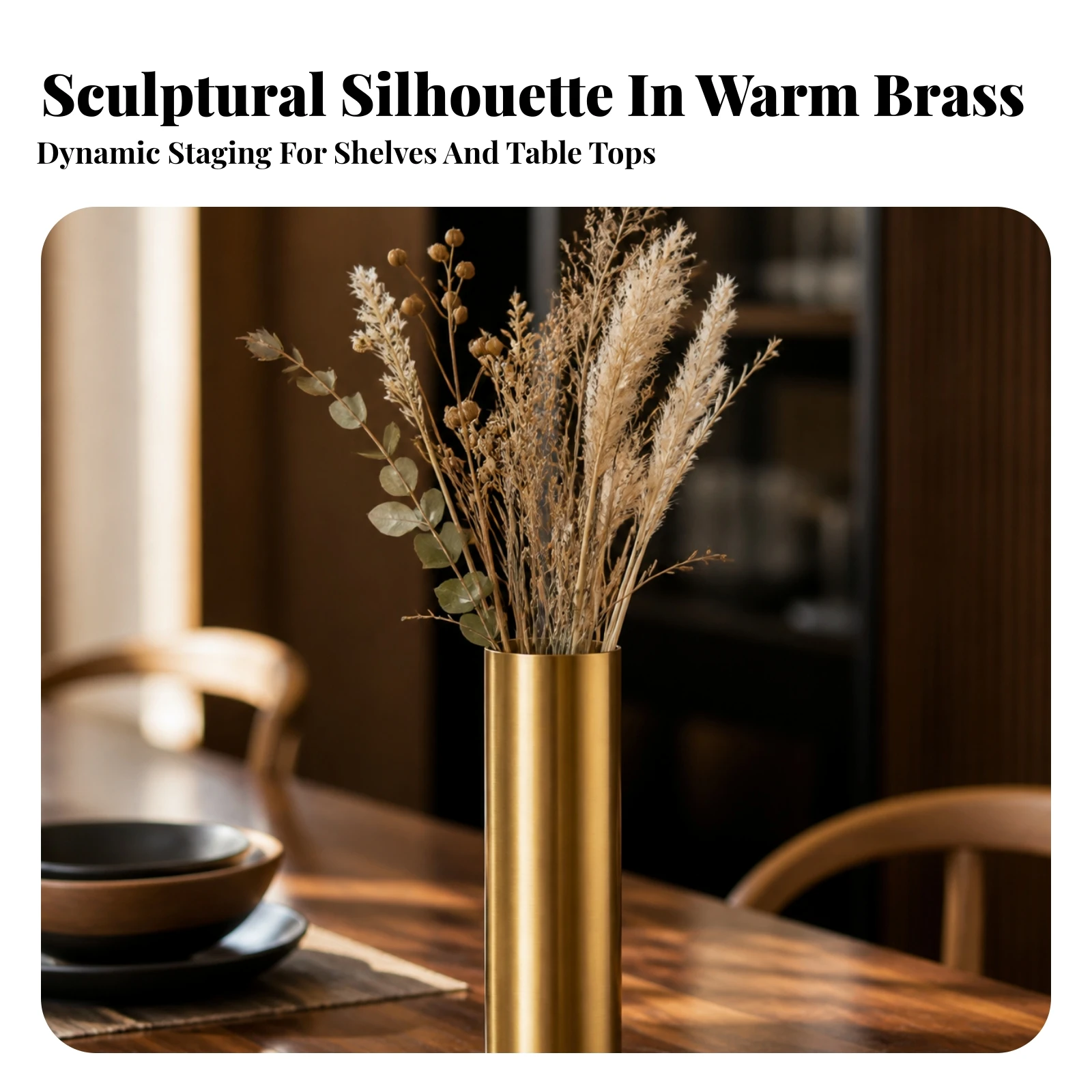 Brass-Gold Electroplated Vase Shimmering Cylindrical Metal Vase Stylish Elegant for Dried Flower Display, Tabletop Decor