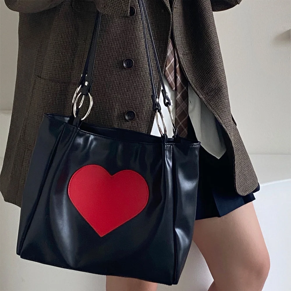 2024 New Y2K Love Handbag Women Heart Printing Soft Leather Shoulder Bag Large Capacity Tote Bag Luxury Lady Shopping Bag