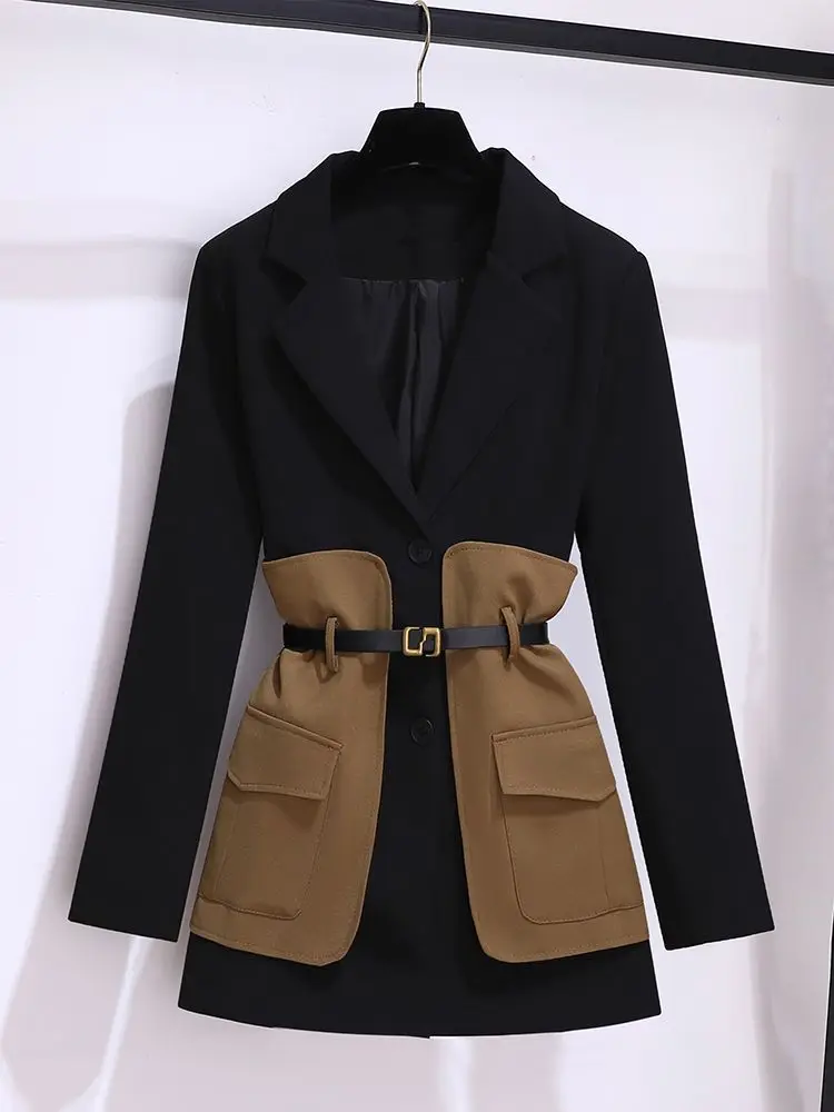 Women\'s Casual Blazer Set Korean Fashion Elegant Autumn Winter New Midi Suit Coat+Black Pants Two-piece Set Femlae Clothing