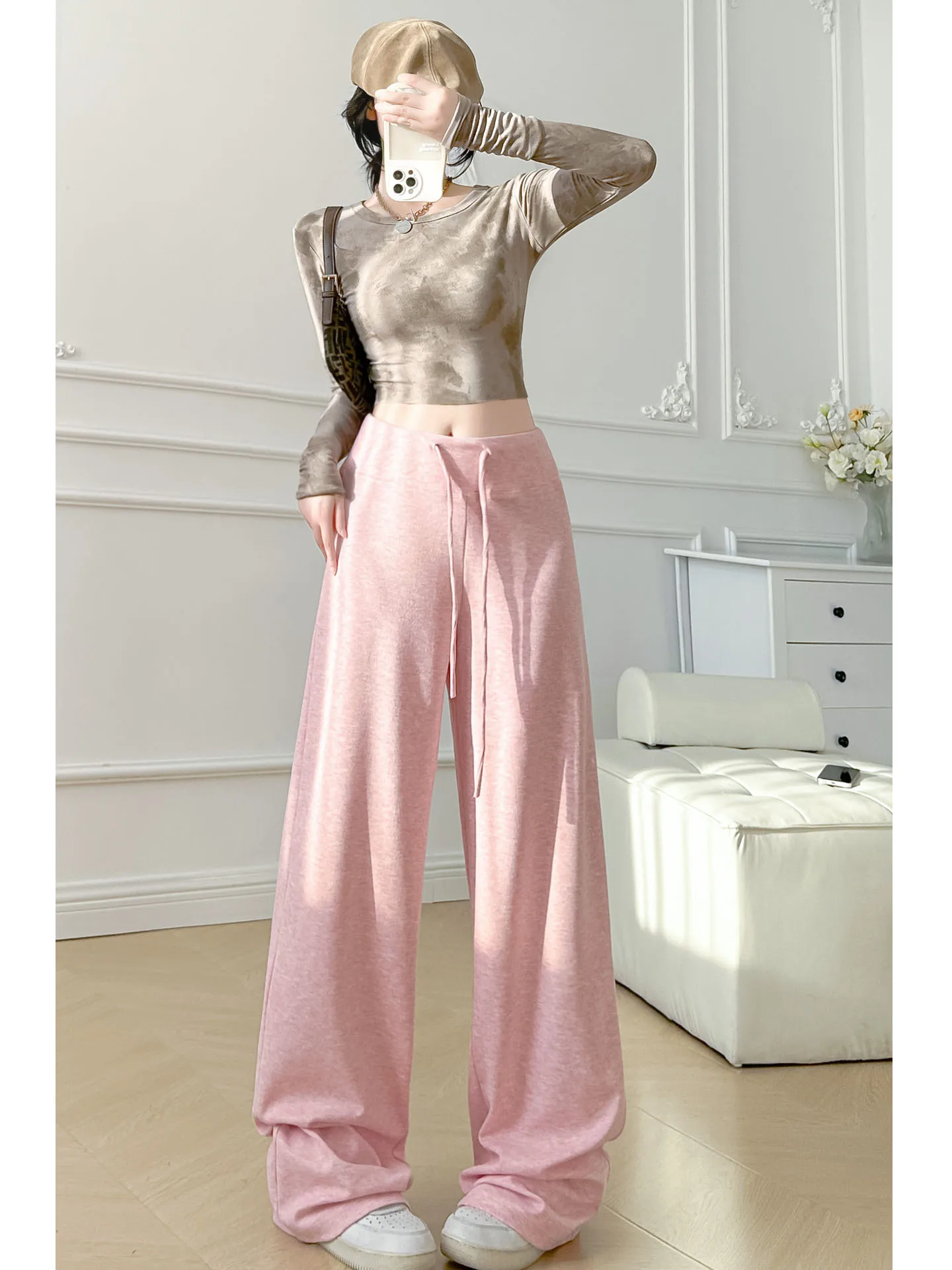 Pantaloni a gamba larga Dstring a vita alta Pantaloni fitn da yoga larghi casual da donna Pantaloni a gamba dritta lunghi fino al pavimento