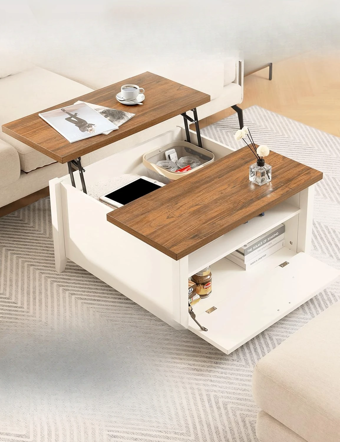 Dining Table with Storage Shelf, Retro Coffee Table, Farmhouse Storage with Lift Tabletop for Living Room, Office,White