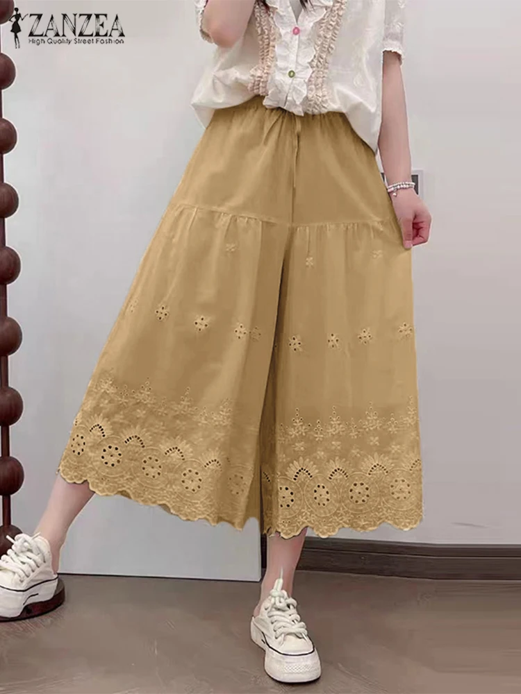 

ZANZEA Fashion Calf-Length Pants Women Elegant Wide Leg Pants 2025 Summer Casual Loose Elastic Waist Lace Hollow Long Trousers