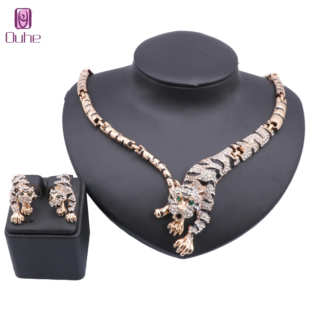 

Dubai Gold Color Crystal Tiger Jewellry Nigerian Woman Wedding Costume Necklace Earring Gift Costume Jewelry Set