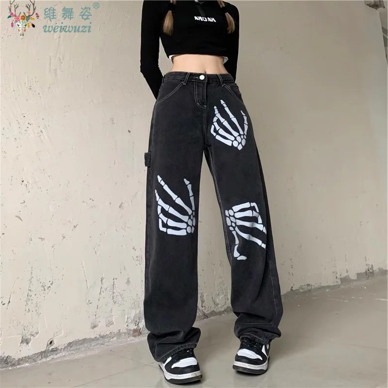 

Женские джинсы Harajuku с готической графикой, мешковатые джинсы в стиле ретро, хип-хоп, повседневные джинсовые брюки с высокой талией, женская уличная одежда ужасов на Хэллоуин