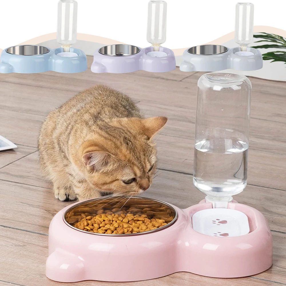 

1set Cat Bowls Pet Water Bottle Automatic Feeders for Puppy Double Bowl of Drinking Cats Stainless Bowl Dispenser Pet Supplies