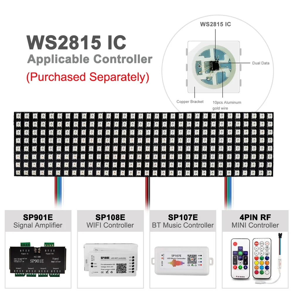 WS2815 cyfrowy ekran panelu matryca LED DC12V piksel zaprogramowany indywidualnie adresowalny pełnokolorowy elastyczny moduł wyświetlacza