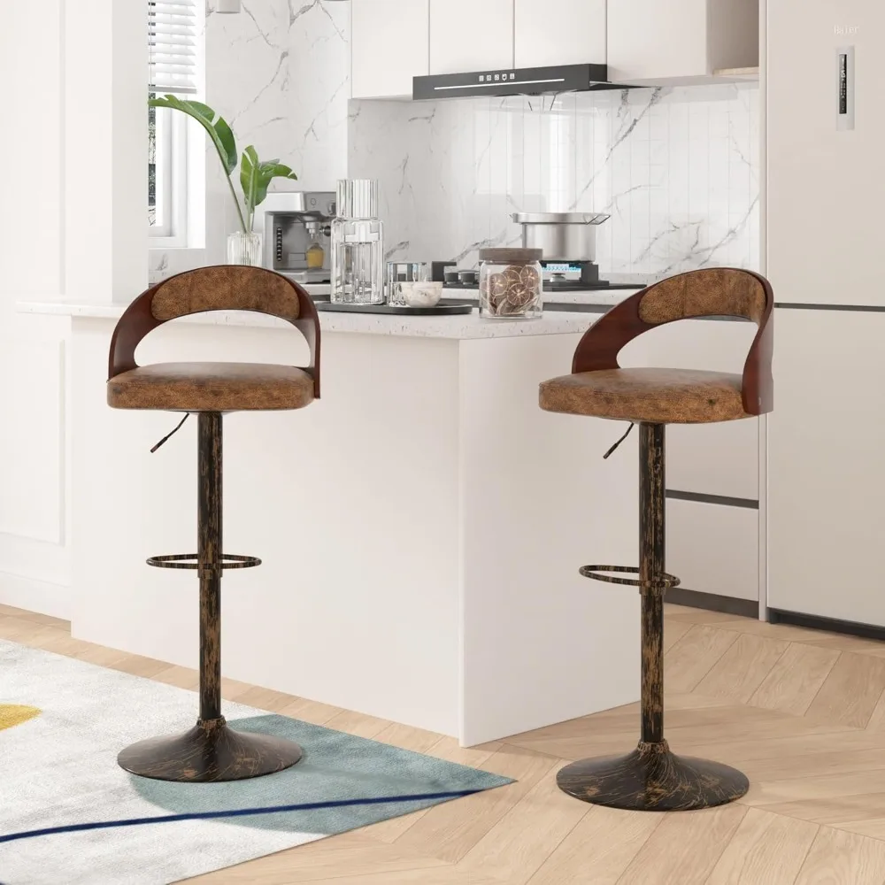 

Bar Stool Set of 2,Kitchen Island Stools with Bentwood Back,Arm&Footrest,360°Swivel Counter Height Stools,PU Leather Cushion Se