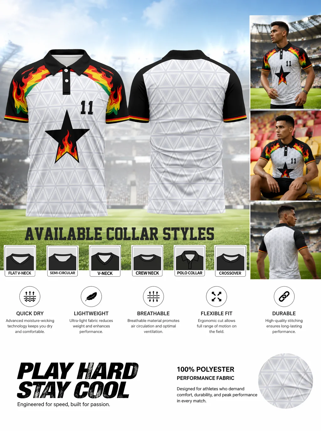 Star flame soccer polo jersey with No.11 print. Quick dry breathable fabric for football lovers