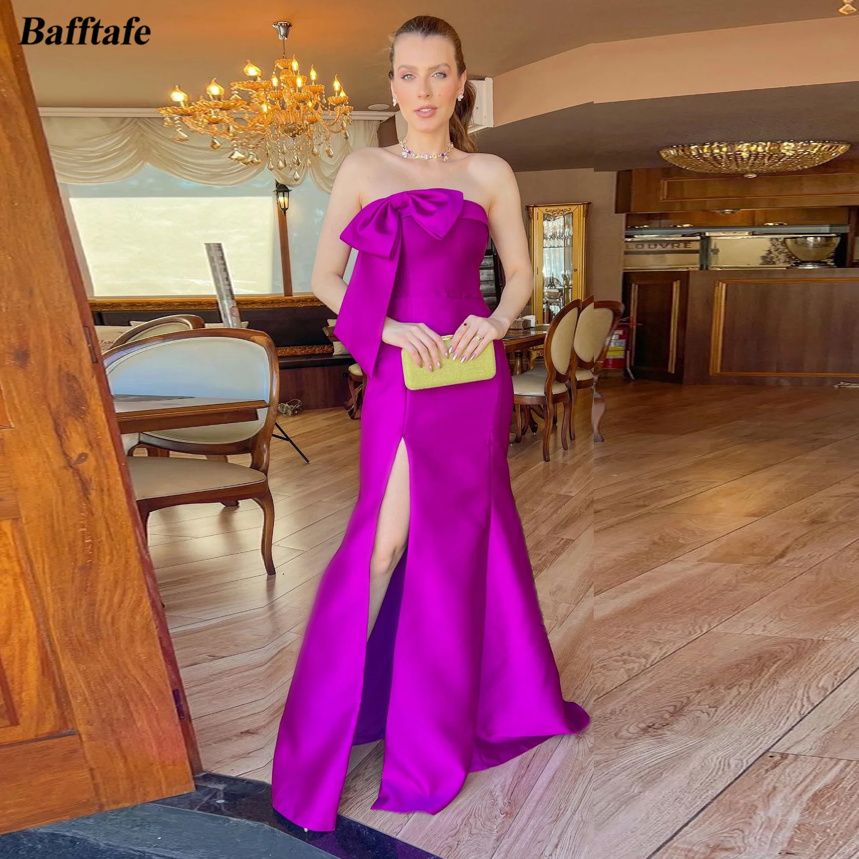 

Bafftafe Purple Mermaid Evening Dresses Straples Side Split Bow Simple Prom Dress Floor Length Formal Part Gowns vestido de noch