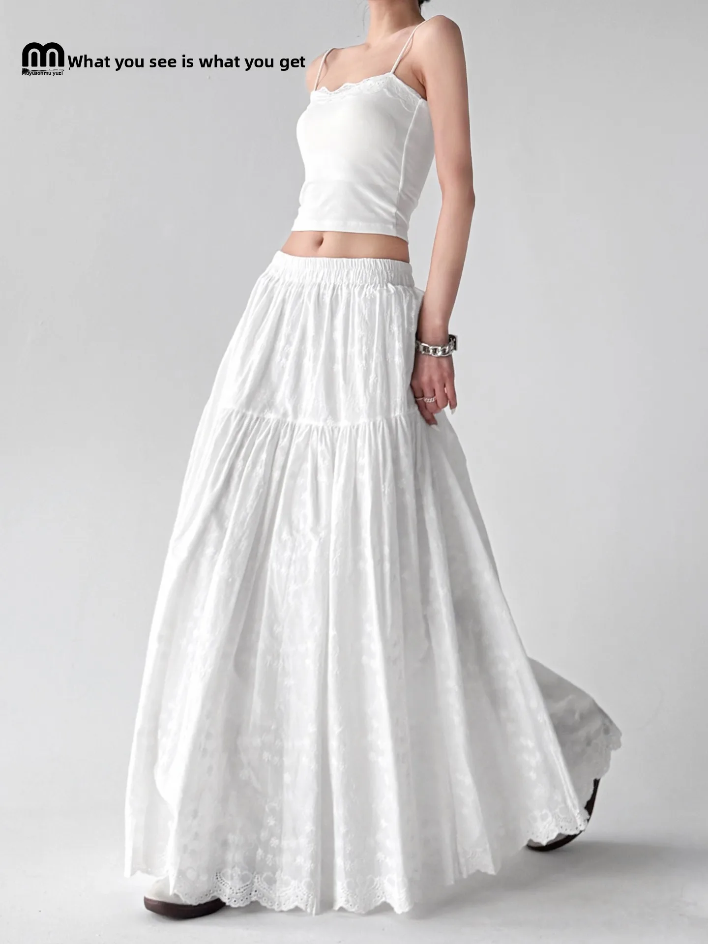 

Белая женская юбка миди А-силуэта с эластичным поясом, расклешенным подолом и кружевной отделкой, повседневная, для свиданий, свободного кроя, весенняя, женская юбка