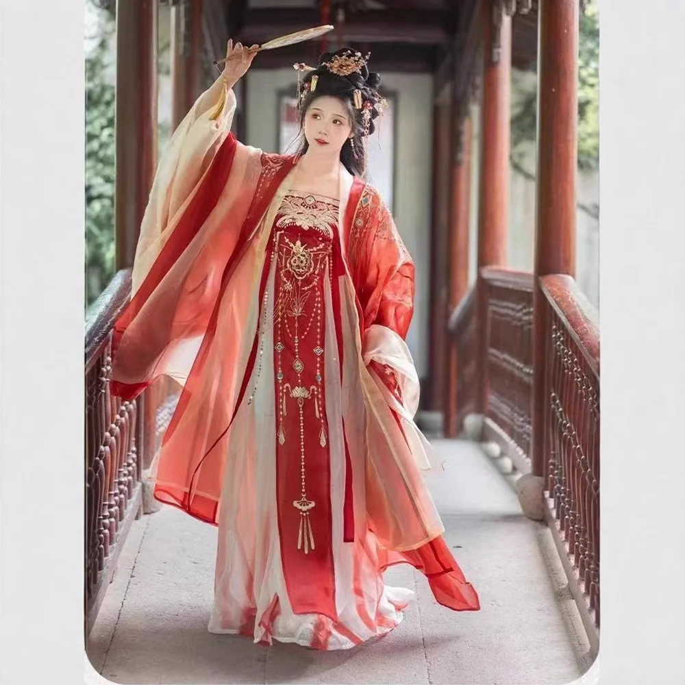 

Style Women's Han Chinese Clothing Machine Embroidery Large Sleeve Shirt Chest Dress Cheko Ancient Costume Summer Autumn